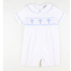 Lolly Wolly Doodle Baby Boys Smocked Cross Romper White Blue 3M Baptism Easter